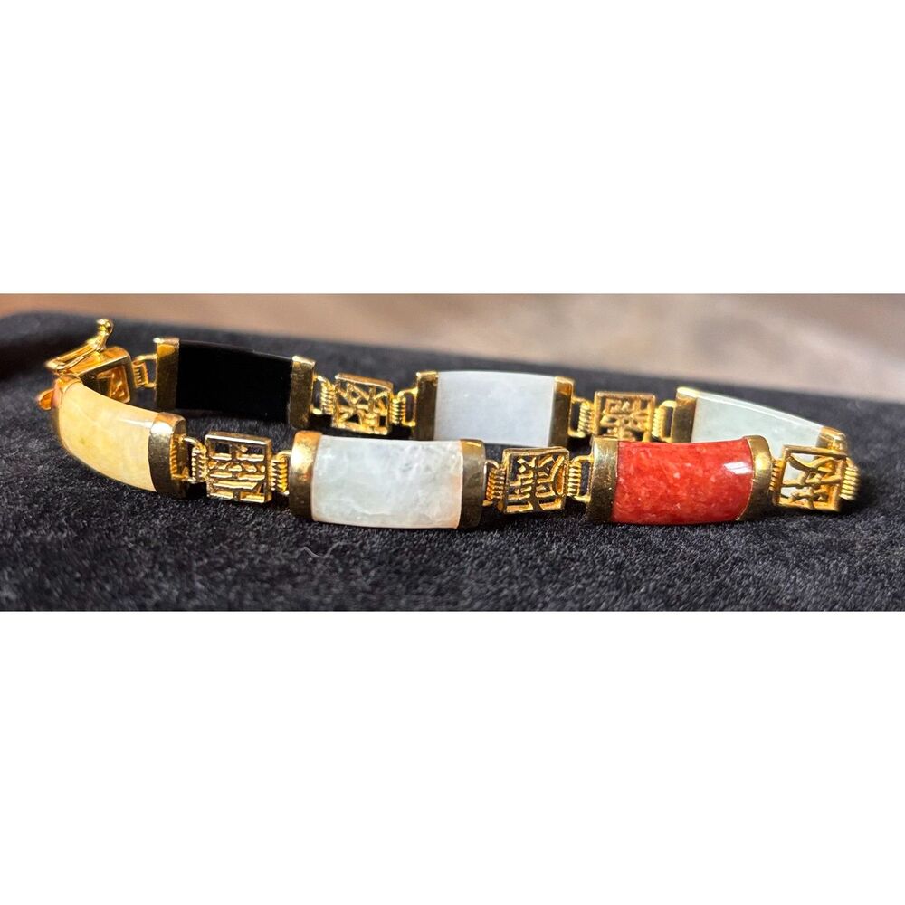 Vtg Multicolor Jade Shou Sterling Silver Gold Vermeil Link Bracelet